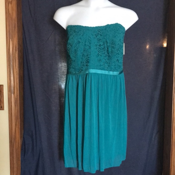 David’s Bridal Teal Strapless Lace Short Dress - Picture 2 of 10